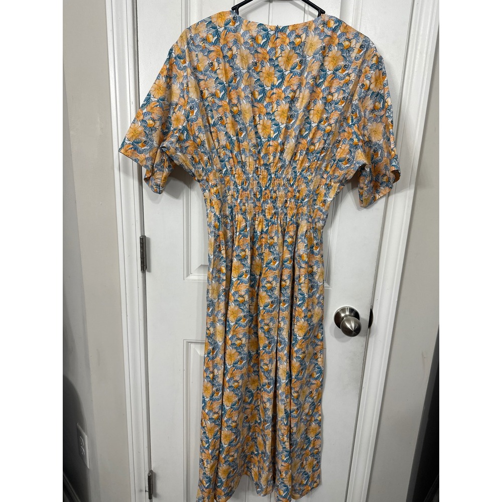GIGIO USA Orange Blue Floral Smocked Waist Midi Dress Womens Size Medium V-Neck - Picture 6 of 10